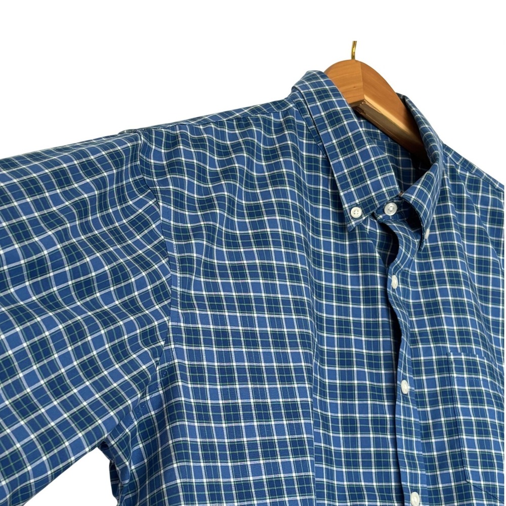LL Bean Mens Blue Plaid Short Sleeve Button Down Shirt Traditional Fit L-Tall
